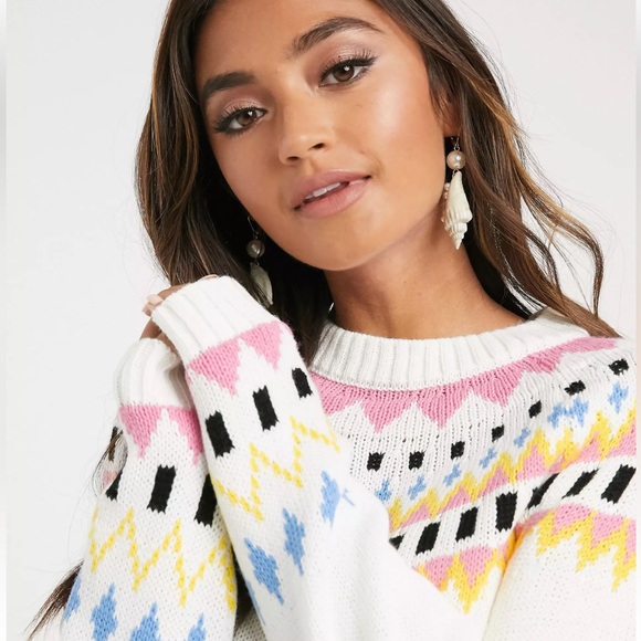 ASOS DESIGN ski pattern fairisle jumper crewneck cream pink yellow sweater - Picture 3 of 12